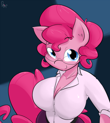 Size: 896x1000 | Tagged: dead source, safe, artist:sanders, character:pinkie pie, species:anthro, big breasts, breasts, busty pinkie pie, clothing, female, fetish fridays, glasses, plump, solo