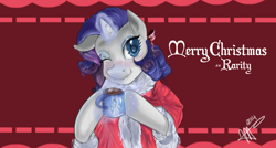Size: 1280x686 | Tagged: safe, artist:mrscurlystyles, character:rarity, blackletter, chocolate, christmas, christmas card, coffee mug, female, food, holiday, hot chocolate, merry christmas, mug, solo, wink