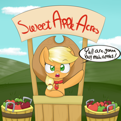 Size: 2000x2000 | Tagged: safe, artist:notenoughapples, character:applejack, species:earth pony, species:pony, accent, apple, apple stand, buy some apples, cute, female, filly, jackabetes, looking at you, necktie, solo, y'all