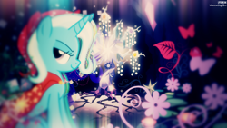 Size: 1920x1080 | Tagged: safe, artist:illumnious, artist:the smiling pony, artist:xpesifeindx, character:tree of harmony, character:trixie, species:pony, species:unicorn, bedroom eyes, cape, clothing, female, flower, looking at you, mare, sideways, tree of harmony, vector, wallpaper