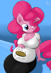 Size: 637x900 | Tagged: safe, artist:sanders, character:pinkie pie, species:anthro, species:earth pony, species:pony, belly, big belly, breasts, busty pinkie pie, clothing, female, fetish fridays, hair over one eye, preggy pie, pregnant, sitting, smiling, solo