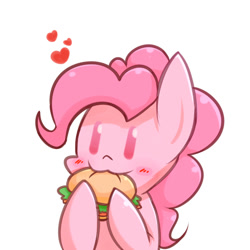 Size: 1200x1200 | Tagged: safe, artist:joycall6, character:pinkie pie, species:earth pony, species:pony, blushing, burger, chibi, cute, diapinkes, female, food, hamburger, heart, mare, nom, simple background, solo, white background