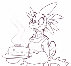 Size: 2200x2062 | Tagged: safe, artist:bluntwhiskey, character:spike, species:anthro, species:dragon, cooking, male, monochrome, older, solo