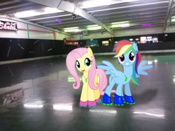 Size: 2048x1536 | Tagged: safe, artist:stabzor, artist:theshadowstone, artist:tokkazutara1164, edit, character:fluttershy, character:rainbow dash, species:human, game, irl, lights, photo, ponies in real life, rink, skates, vector