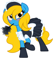 Size: 1892x2085 | Tagged: safe, artist:furrgroup, oc, oc only, oc:internet explorer, ask internet explorer, blushing, browser ponies, clothing, duster, internet explorer, looking at you, maid, simple background, socks, solo, white background