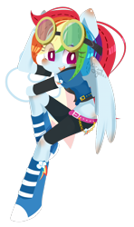 Size: 532x900 | Tagged: safe, artist:snow angel, character:rainbow dash, my little pony:equestria girls, blushing, body blush, ear blush, female, goggles, midriff, no nose, ponied up, simple background, solo, transparent background