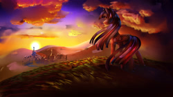 Size: 2880x1620 | Tagged: safe, artist:alumx, character:twilight sparkle, character:twilight sparkle (alicorn), species:alicorn, species:pony, g4, cloud, cloudy, female, grass, mare, ponyville, profile, scenery, solo, sunset, twilight's castle, windswept mane, windswept tail