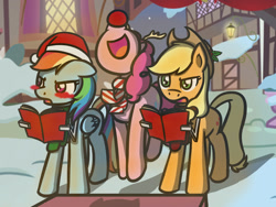 Size: 1280x960 | Tagged: safe, artist:flutterluv, character:applejack, character:pinkie pie, character:rainbow dash, book, clothing, hat, red nose, santa hat, scarf, singing