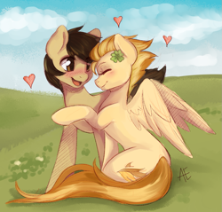 Size: 1255x1200 | Tagged: safe, artist:rainbowsprinklesart, artist:spittfireart, character:spitfire, oc, oc:chocolate chips, species:earth pony, species:pegasus, species:pony, blushing, canon x oc, cloud, clover, cute, eyes closed, female, firechips, four leaf clover, heart, hug, male, mare, shipping, stallion, straight