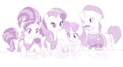 Size: 1280x695 | Tagged: safe, artist:dstears, character:cookie crumbles, character:hondo flanks, character:rarity, character:sweetie belle, newbie artist training grounds, ship:cookieflanks, apron, baking, christmas sweater, clothing, cookie, cookie cutter, family, hat, monochrome, rarity's parents, rolling pin, santa hat, shipping, sketch, sweater