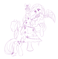 Size: 1000x1020 | Tagged: safe, artist:dstears, character:angel bunny, character:applejack, character:fluttershy, newbie artist training grounds, christmas tree, decorating, decoration, monochrome, mouth hold, popcorn, sketch, tree