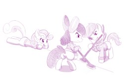 Size: 1100x715 | Tagged: safe, artist:dstears, character:apple bloom, character:scootaloo, character:sweetie belle, species:earth pony, species:pegasus, species:pony, species:unicorn, newbie artist training grounds, broom, curling, cutie mark crusaders, female, filly, missing accessory, missing wing, monochrome, mouth hold, purple, sketch, sports, sweeping, trio, winter sport