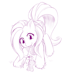 Size: 956x1100 | Tagged: safe, artist:dstears, character:fluttershy, newbie artist training grounds, chipmunk, cute, flower, looking down, monochrome, open mouth, sketch, smiling