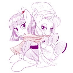 Size: 1180x1168 | Tagged: safe, artist:dstears, character:maud pie, character:trixie, species:pony, species:unicorn, newbie artist training grounds, ship:mauxie, bedroom eyes, clothing, female, flower, flower in hair, hat, holly, lesbian, looking at you, mare, santa hat, scarf, shared clothing, shared scarf, shipping, sketch