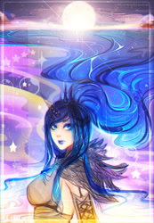 Size: 900x1300 | Tagged: safe, artist:koveliana, character:princess luna, species:human, breasts, busty princess luna, chromatic aberration, color porn, female, horned humanization, humanized, moon, solo