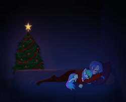Size: 1280x1041 | Tagged: safe, artist:scorpdk, character:princess celestia, character:princess luna, species:human, bed, christmas, christmas tree, clothing, commission, couch, eyes closed, female, humanized, on side, plushie, sleeping, smiling, snuggling, stockings, sweater, tree
