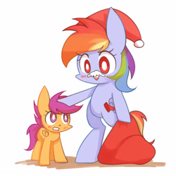 Size: 3500x3507 | Tagged: safe, artist:joycall6, character:rainbow dash, character:scootaloo, species:pegasus, species:pony, clothing, facial hair, hat, mousdash, moustache, santa hat