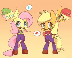 Size: 1280x1024 | Tagged: safe, artist:joycall6, character:applejack, character:fluttershy, species:pony, adult, baby luigi, baby mario, bipedal, blush sticker, blushing, cosplay, crossover, dialogue, filly, filly applejack, filly fluttershy, luigi, mario, mario & luigi, mario & luigi: partners in time, moustache, parody, speech bubble, super mario bros., super mushroom, sweet drops