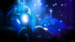 Size: 3840x2160 | Tagged: safe, artist:romus91, artist:up1ter, character:dj pon-3, character:vinyl scratch, species:pony, species:unicorn, dark, female, glasses, glowing eyes, hooves, horn, lying down, mare, solo, sunglasses, vector, wallpaper