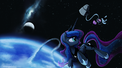 Size: 1920x1080 | Tagged: safe, artist:darkflame75, character:princess luna, character:twilight sparkle, species:alicorn, species:pony, species:unicorn, astronaut, book, female, floating, frown, levitation, looking back, magic, mare, moon, nebula, open mouth, orbit, planet, space, space suit, spaceship, stars, telekinesis, upside down