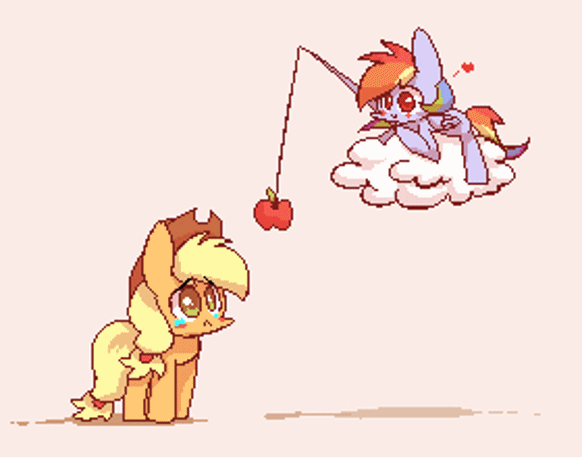 Size: 582x458 | Tagged: safe, artist:joycall6, character:applejack, character:rainbow dash, ship:appledash, animated, apple, blushing, female, fishing, lesbian, pixel art, shipping, that pony sure does love apples