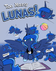 Size: 1150x1463 | Tagged: safe, artist:darkflame75, character:princess luna, species:alicorn, species:pony, :3, :d, :o, ball, beach ball, blob, blob ponies, book, calendar of lunas, cuddling, cute, eye twitch, eyes closed, female, floppy ears, flying, frown, happy, huzzah, looking at you, lunabetes, mare, moon, multeity, open mouth, ponidox, prone, self ponidox, smiling, snuggling, spread wings, sugarcube, too many lunas, too many ponies, weapons-grade cute, wide eyes, wings, yukkuri