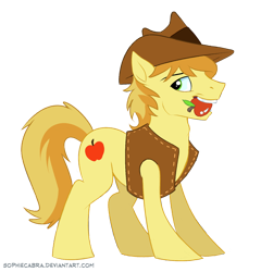 Size: 768x800 | Tagged: safe, artist:spainfischer, character:braeburn, apple, male, mouth hold, simple background, solo, transparent background