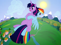 Size: 2251x1688 | Tagged: safe, artist:skipsy, character:rainbow dash, character:twilight sparkle, species:pegasus, species:pony, species:unicorn, ship:twidash, bridge, carrying, cloud, duo, female, field, flying, forest, golden oaks library, happy, hoof hold, leg hold, lesbian, mare, mountain, open mouth, ponyville, river, shipping, signature, sky, smiling, spread wings, sun, underhoof, vector, vertigo, wings