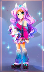 Size: 1218x1976 | Tagged: safe, artist:koveliana, character:rarity, character:sweetie belle, species:human, chromatic aberration, clothing, color porn, eared humanization, female, humanized, plushie, ponied up, pony ears, solo
