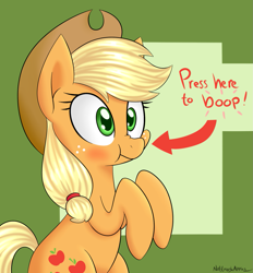 Size: 1413x1521 | Tagged: safe, artist:notenoughapples, character:applejack, species:earth pony, species:pony, :t, arrow, blushing, boop, cute, female, imminent boop, jackabetes, mare, nose wrinkle, puffy cheeks, scrunchy face, silly, silly pony, simple background, solo, wide eyes