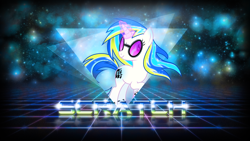 Size: 1920x1080 | Tagged: safe, artist:sandwichdelta, artist:sandwichhorsearchive, artist:theshadowstone, character:dj pon-3, character:vinyl scratch, species:pony, species:unicorn, 80s, cutie mark, female, glowing horn, hooves, horn, magic, mare, rainbow power, rainbow power-ified, smiling, solo, sunglasses, text, vector, wallpaper