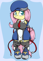 Size: 1655x2358 | Tagged: safe, artist:graphenescloset, character:fluttershy, species:anthro, blazblue, breasts, busty fluttershy, clothing, dress, female, irony, noel vermillion, solo