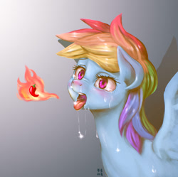 Size: 1928x1920 | Tagged: safe, artist:mrs1989, character:rainbow dash, species:pegasus, species:pony, blushing, chili pepper, crying, drool, female, fire, fire breath, gradient background, gray background, hot, hot pepper, mare, nose wrinkle, open mouth, pepper, shadow, simple background, snot, solo, spicy, spread wings, sweat, tears of pain, wings