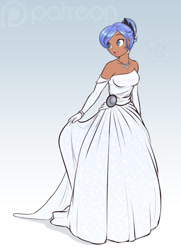 Size: 927x1280 | Tagged: safe, artist:scorpdk, character:princess luna, species:human, alternate hairstyle, bare shoulders, beautiful, bride, clothing, cute, dress, earring, evening gloves, female, hair bun, humanized, lunabetes, moderate dark skin, necklace, open mouth, smiling, solo, wedding dress