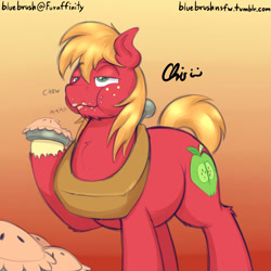 Size: 900x900 | Tagged: safe, artist:nekocrispy, character:big mcintosh, species:earth pony, species:pony, :t, bedroom eyes, bhm, bigger macintosh, chubby, chubby cheeks, cute, eating, fat, fluffy, macabetes, male, messy eating, pie, puffy cheeks, sequence, smiling, solo, stallion, weight gain, weight gain sequence