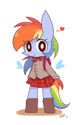 Size: 800x1300 | Tagged: safe, artist:joycall6, character:rainbow dash, species:pegasus, species:pony, backpack, bipedal, blushing, bow tie, clothing, female, floating wings, heart, mare, open mouth, pleated skirt, rainbow dash always dresses in style, school uniform, semi-anthro, shoes, skirt, solo, white eyes
