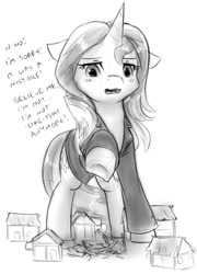 Size: 620x861 | Tagged: safe, artist:alloyrabbit, character:sunset shimmer, species:pony, species:unicorn, accident, crush fetish, crushing, crying, cute, destruction, dialogue, giant pony, giantess, house, macro, monochrome, open mouth, sad, text