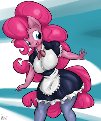 Size: 1166x1400 | Tagged: safe, artist:sanders, character:pinkie pie, species:anthro, species:earth pony, species:pony, clothing, cute, diapinkes, ear fluff, female, fetish fridays, maid, open mouth, solo