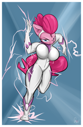 Size: 918x1400 | Tagged: safe, artist:sanders, character:fili-second, character:pinkie pie, species:anthro, episode:power ponies, g4, my little pony: friendship is magic, breasts, busty pinkie pie, female, solo