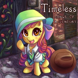 Size: 600x600 | Tagged: safe, artist:ninjaham, character:apple bloom, species:earth pony, species:pony, adorabloom, album cover, apple, clothing, cute, female, filly, food, hat, michelle creber, parody, solo
