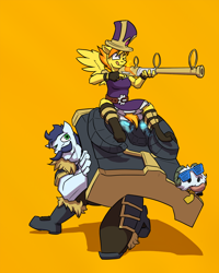 Size: 1280x1600 | Tagged: safe, artist:captainhoers, character:soarin', character:spitfire, species:anthro, braum, caitlyn, crossover, facial hair, firestarter spitfire, gun, league of legends, moustache, orange background, poro, shield, simple background