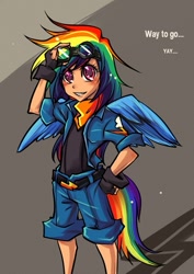Size: 495x700 | Tagged: safe, artist:bakki, character:rainbow dash, species:human, cheering, clothing, female, fingerless gloves, gloves, goggles, humanized, solo, tailed humanization, winged humanization, yay