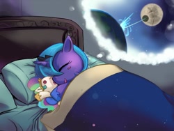Size: 800x600 | Tagged: safe, artist:bakki, character:princess luna, species:alicorn, species:pony, g4, bed, crossover, cute, death star, dream, eyes closed, female, filly, foal, pillow, planet, plushie, profile, sleeping, solo, star wars, woona