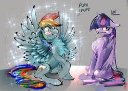 Size: 3992x2838 | Tagged: safe, artist:alumx, character:rainbow dash, character:twilight sparkle, character:twilight sparkle (alicorn), species:alicorn, species:pony, ship:twidash, :t, behaving like a bird, behaving like a cat, blushing, chest fluff, courtship, denied, duo, female, floppy ears, fluffy, frown, impossibly large chest fluff, lesbian, mare, mating dance, peacocking, purring, raised hoof, shipping, shipping denied, sitting, sparkles, spread wings, twilight cat, unamused, wingboner, wings