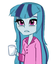 Size: 511x593 | Tagged: safe, artist:rileyav, character:sonata dusk, my little pony:equestria girls, bags under eyes, bed hair, clothing, coffee, cute, female, loose hair, messy hair, morning ponies, pajamas, simple background, solo, tired, transparent background
