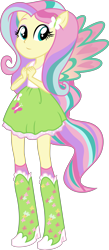 Size: 4256x9787 | Tagged: safe, artist:illumnious, character:fluttershy, ponyscape, my little pony:equestria girls, absurd resolution, boots, clothing, colored wings, female, high heel boots, multicolored wings, ponied up, ponytail, rainbow hair, rainbow power, rainbow power-ified, rainbow tail, rainbow wings, simple background, skirt, socks, solo, transparent background, vector, wings