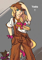 Size: 495x700 | Tagged: safe, artist:bakki, character:applejack, character:winona, species:human, abstract background, eared humanization, female, humanized, overalls, tailed humanization