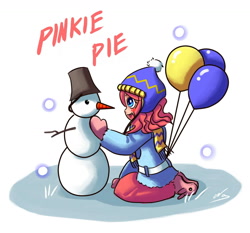 Size: 1450x1350 | Tagged: safe, artist:ninjaham, character:pinkie pie, species:human, balloon, clothing, female, humanized, snow, snowman, solo, winter