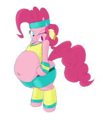 Size: 1789x2123 | Tagged: safe, artist:calorie, character:pinkie pie, species:pony, belly, belly button, big belly, bipedal, fat, female, headband, leg warmers, muffin top, need to go on a diet, need to lose weight, obese, piggy pie, pudgy pie, simple background, solo, too fat, too fat to fit, transparent background, workout outfit, wristband