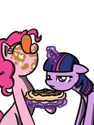 Size: 1280x1707 | Tagged: safe, artist:flutterluv, character:pinkie pie, character:twilight sparkle, eating, food, levitation, magic, pi day, pie, tongue out, twilight is not amused, unamused
